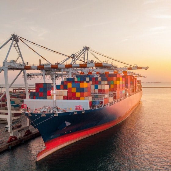 Container ship loaded with shipping containers moored at a dock under gantry cranes at sunset