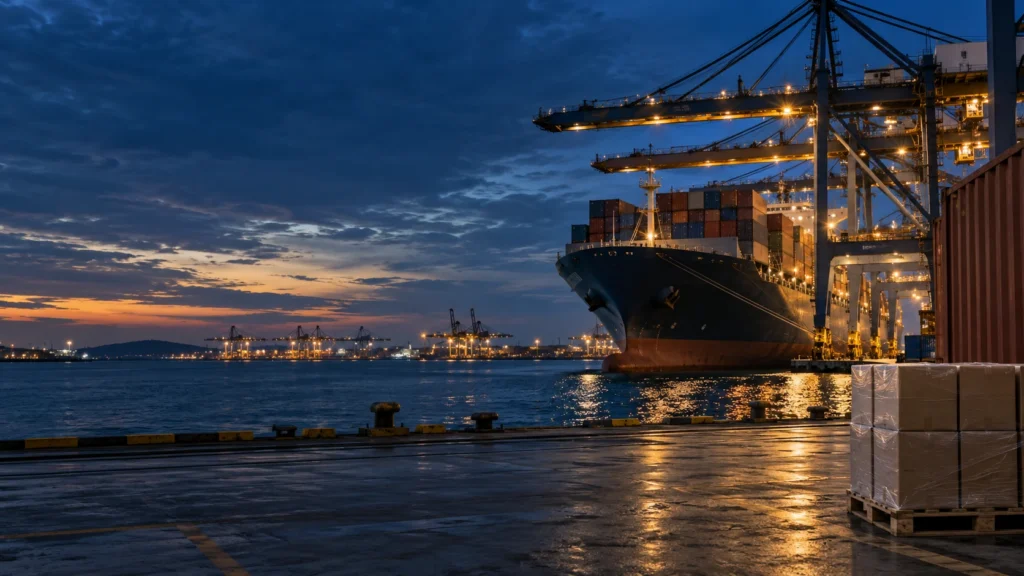 Container ship being loaded at port for a China to USA shipment